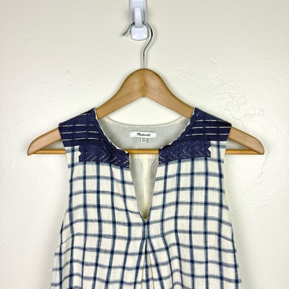 Madewell Blue White Linen Blend Plaid Shift Dress Embroidered Neck - Picture 2 of 5